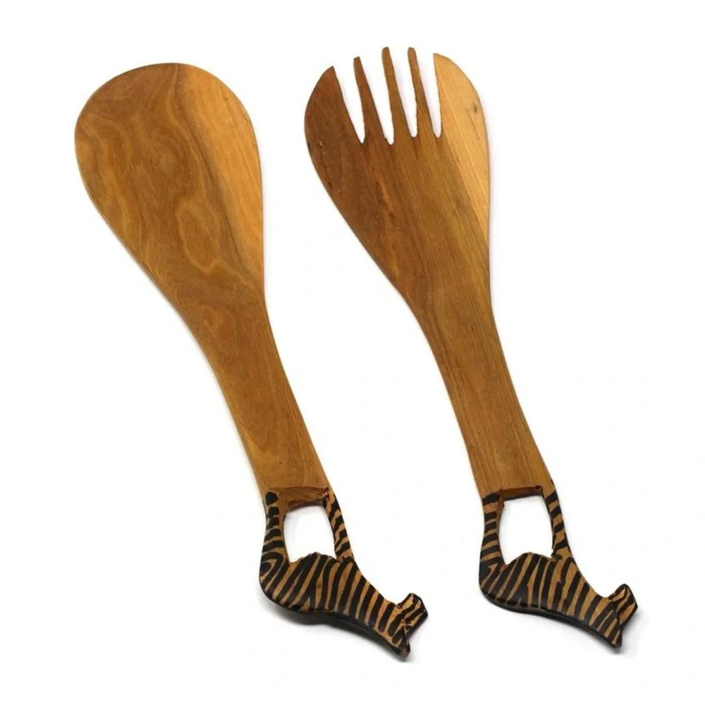 Handcrafted Wooden Zebra Salad Servers 12” Fork & Spoon